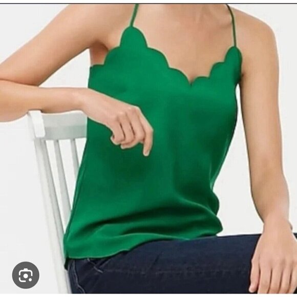 J. Crew Top Womens Sz 0 Green Scalloped Neck Cami Tank Adj Racerback Strap - Picture 1 of 11